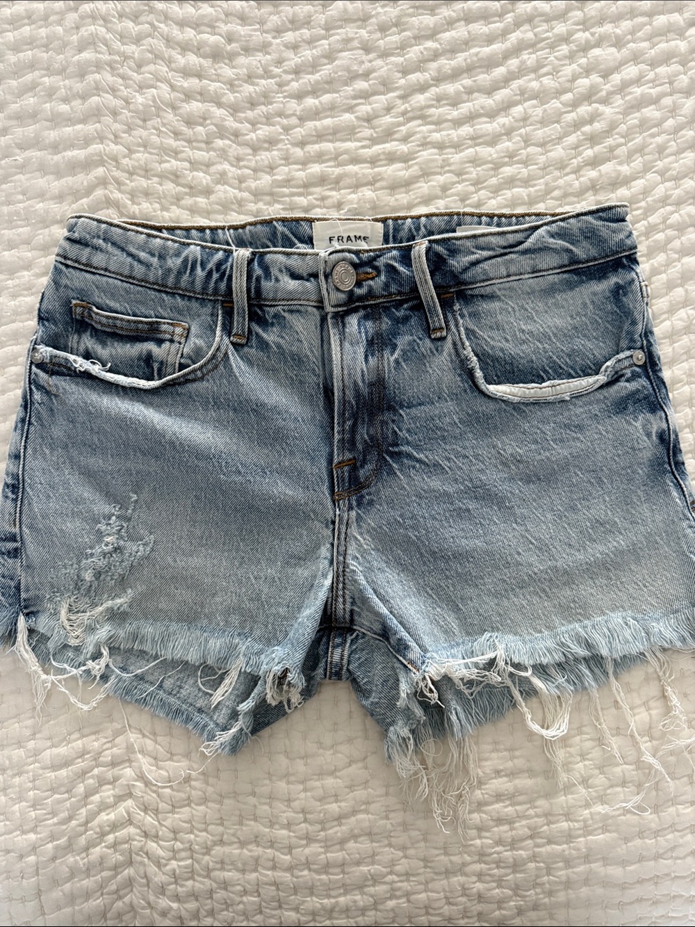 Frame Denim Faded Light Blue Frayed Hem Jean Shorts